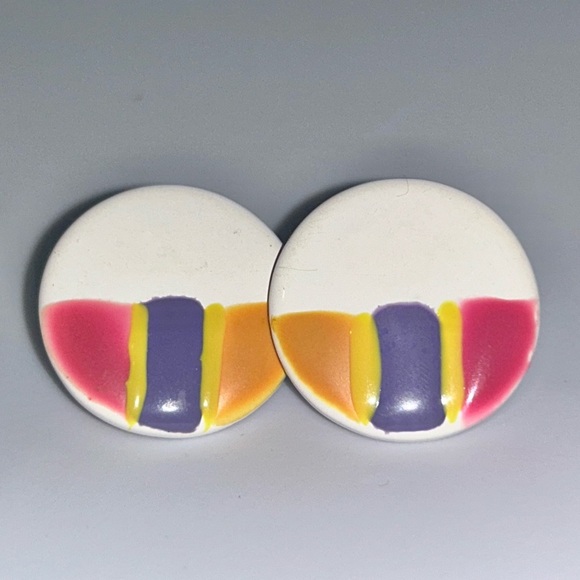 Retro Geometric Earrings 1980s Colorful Statement Studs Vintage Jewelry - Picture 7 of 7
